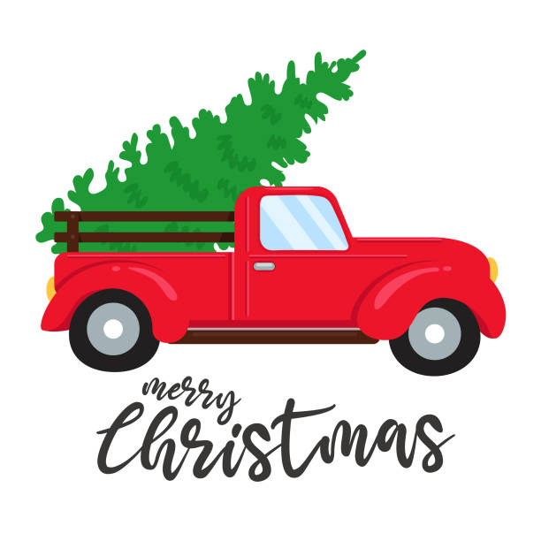 istock Christmas car. Red pickup truck carrying a Christmas tree. 1280289525