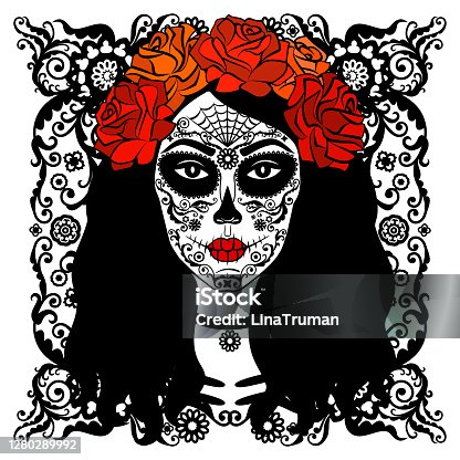 istock Sugar Skull Girl. Day Of Dead, Traditional Mexican Halloween, Dia De Los Muertos. Woman with makeup sugar skull with roses flowers wreath. Vector illustration 1280289992