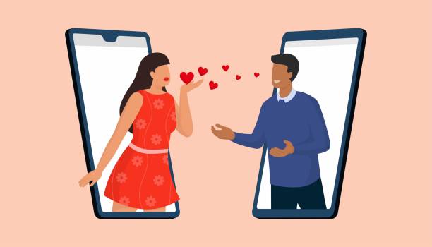 женщина дует виртуальный поцелуй к мужчине - internet dating dating togetherness internet stock illustrations