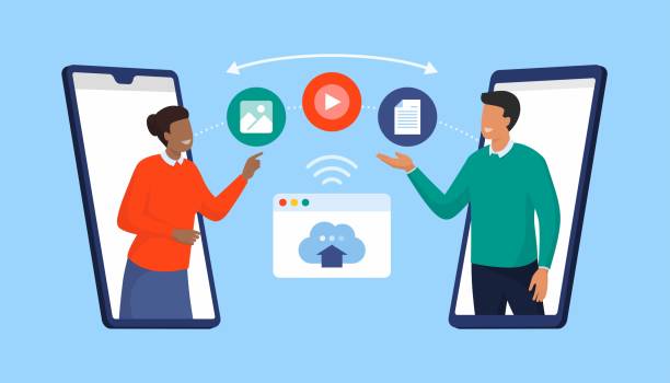 ilustraciones, imágenes clip art, dibujos animados e iconos de stock de usuarios que comparten archivos en línea mediante una aplicación para smartphone - fileshare