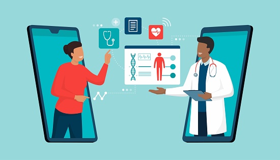 Online doctor and telemedicine: woman connecting with a doctor online using a smartphone app and having a professional medical consultation