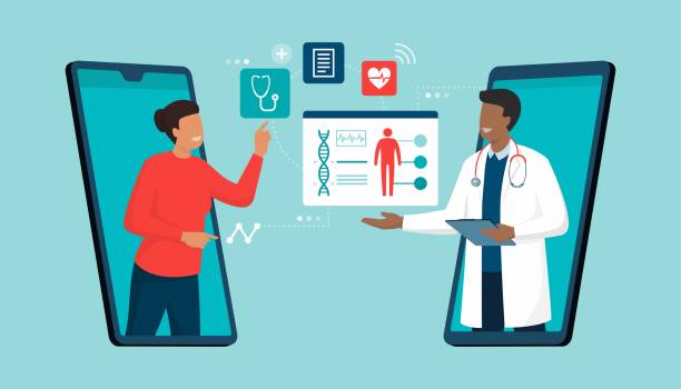 Online doctor and telemedicine Online doctor and telemedicine: woman connecting with a doctor online using a smartphone app and having a professional medical consultation person on phone illustration stock illustrations