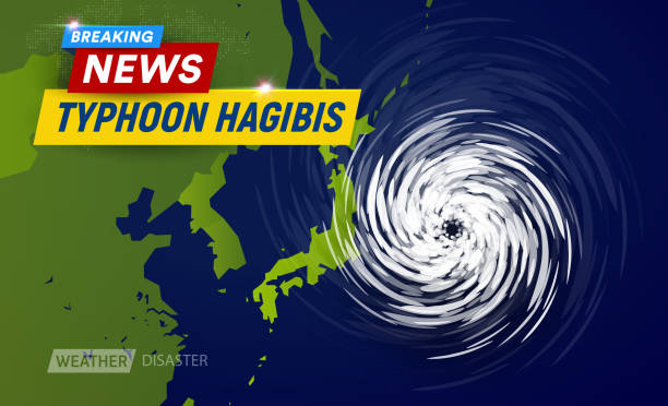 超級颱風哈吉比斯,5級。日本附近的地圖上的雲漏鬥,日本最強大的颱風,突發新聞電視平面設計的天氣頻道,平頂視圖向量插圖。 - typhoon 幅插畫檔、美工圖案、卡通及圖標