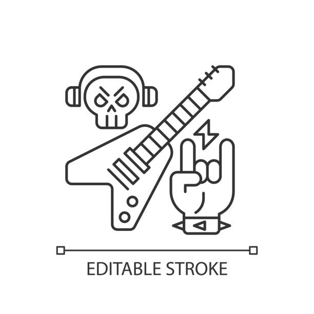 Heavy metal pixel perfect linear icon Heavy metal pixel perfect linear icon. Rock songs types. Electrical guitar. Skull with headphones. Thin line customizable illustration. Contour symbol. Vector isolated outline drawing. Editable stroke modern rock stock illustrations