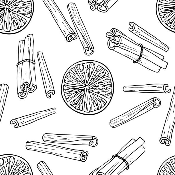 stockillustraties, clipart, cartoons en iconen met kaneel en citrus naadloos patroon. hand drawn kruiden kaneelstokjes en oranje fruit of citroen schijfje. medicinale, cosmetische, culinaire achtergrond. voor café, kruidenwinkel, menu. biologisch vers koken - kaneel