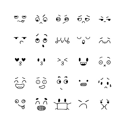 Emoji icons. Hand drawn funny smiley faces. Happy kawaii style. Sketched facial expressions set. Collection of cartoon emotional characters. Vector illustration
