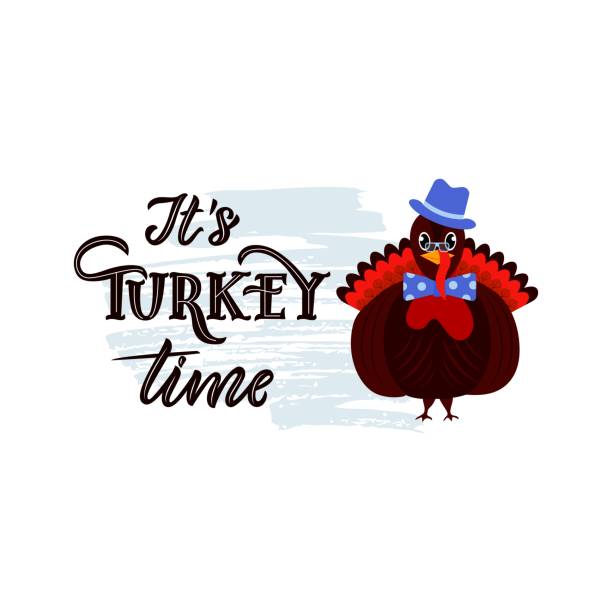 It s Turkey time funny thanksgiving text, with illustration of bird. Hand lettering. Vector motivational quote, pun It s Turkey time funny thanksgiving text, with illustration of bird. On watercolor spot. As greeting card, t shirt, mug, tote bag print, flyer, poster design, banner. Vector motivational quote, pun thanksgiving holiday hours stock illustrations