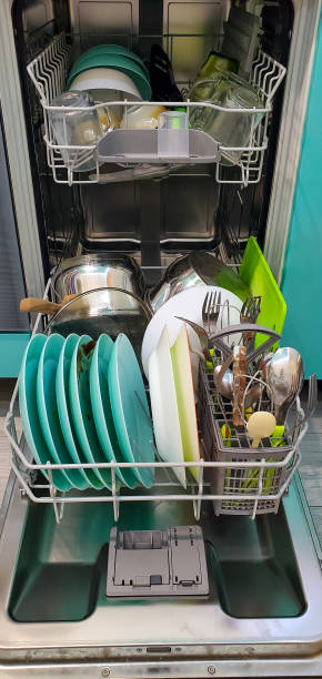 istock image of a dishwasher with a folded dirty dishware 1280299096
