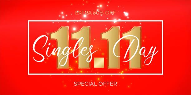 Single Day sale banner, poster, flyer. Chinese shopping day. Golden number 11.11 on red background and white text Singles Day. Vector illustration Single Day sale banner, poster, flyer. Chinese shopping day. Golden number 11.11 on red background and white text Singles Day. Vector illustration number 11 stock illustrations