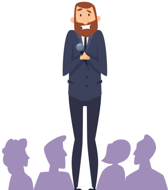 Public speaking fear. Man with microphone in front of audience. Frightened male with phobia speaks from stage vector illustration Public speaking fear. Man with microphone in front of audience. Frightened male with phobia speaks from stage vector illustration. Public speech at audience, anxiety and glossophobia sheepish look stock illustrations