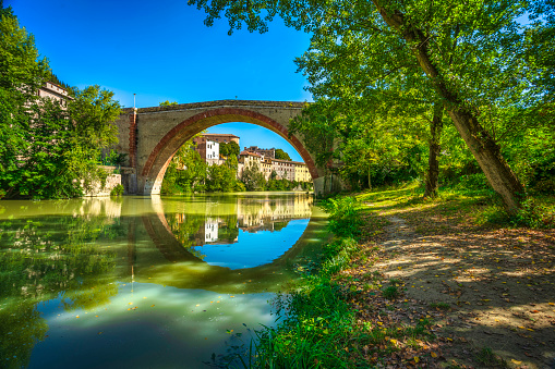 Ponte della Concordia or Diocleziano, ancient Roman bridge over the river Metauro. Fossombrone, province Pesaro and Urbino, Marche, Italy, Europe.