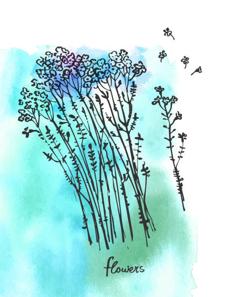 istock Set of vector hand drawn ink line art and watercolor stains flowers 1280303117