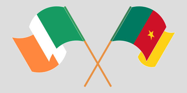 gekreuzte und schwenkende flaggen von kamerun und irland - irish culture republic of ireland irish flag sport stock-grafiken, -clipart, -cartoons und -symbole