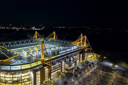Aerial view over Westfalenstadion, the home stadium of Borussia football club. Dortmund / Germany - October 2020