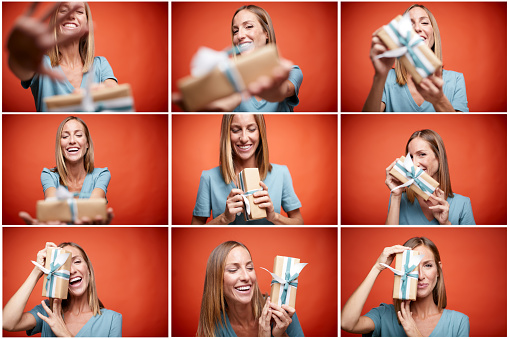 Multiple images of a young woman playing with a Christmas gift