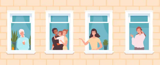 Vector illustration of International neighborhood. Multicultural neighbors, cute people look out from windows. Family old woman, girl talk phone, stay home vector concept