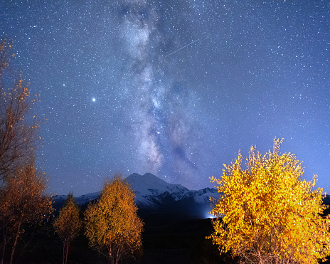 Milky way over Mount Elbrus and orange autumn trees, night autumn landscape