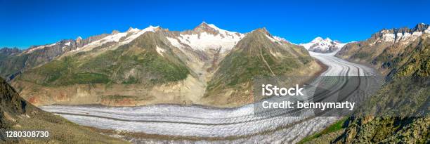 Glacier Switzerland Panorama Stock Photo - Download Image Now - Aletsch Glacier, Glacier, Blue