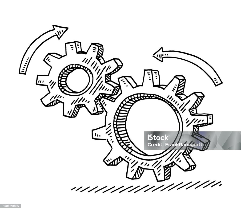 Two Connected Cogs Two Connected Cog Wheels Direction Drawing Stock Illustration ...