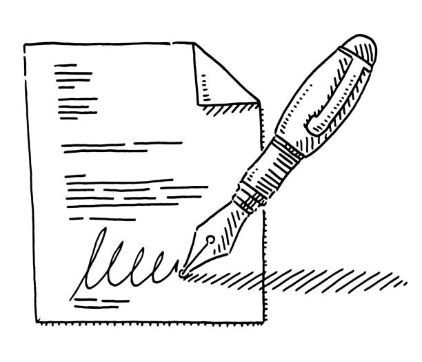 Fountain Pen Signature Contract Drawing Hand-drawn vector drawing of a Fountain Pen Signature Contract Symbol. Black-and-White sketch on a transparent background (.eps-file). Included files are EPS (v10) and Hi-Res JPG. pen fountain pen writing isolated stock illustrations