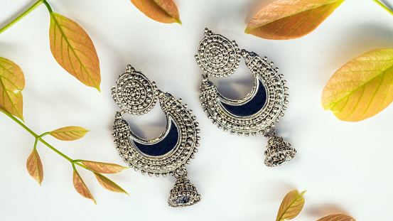 Indian Style Ear Stud Silver Jimikki with Mirror Patch