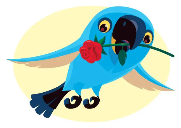 Vector illustration of blue bird holding flower