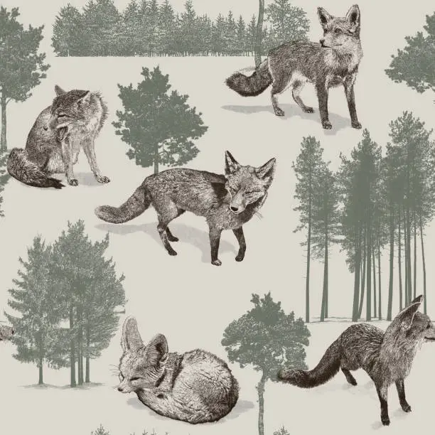 Vector illustration of Foxes & Trees Seamless Repeat