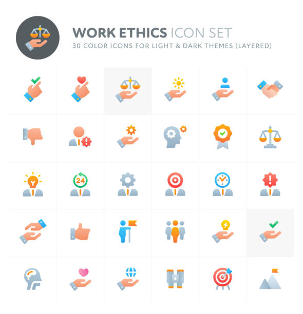 Work Ethics Vector Icon Set. Fillio Color Icon Series. Color vector icons related to employment & work ethic. Symbols such as teamwork, morality, proficiency, leadership and empathy are included. Perfect for light and dark background, editable and layered. humility stock illustrations
