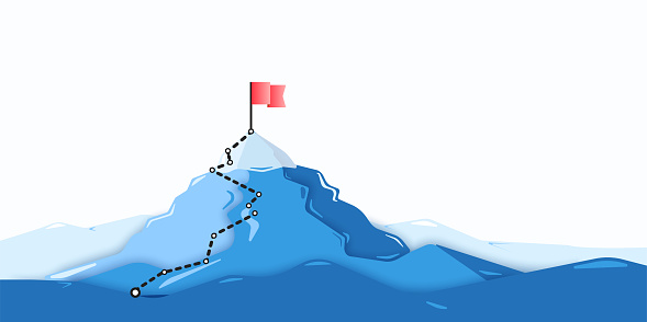 Flag on the mountain peak. Flat style vector illustration
