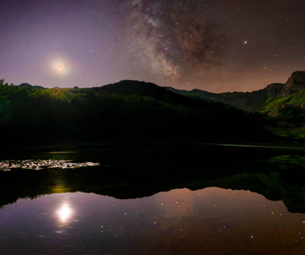 istock Lunar eclipse and Milky Way on a lake 1280317614