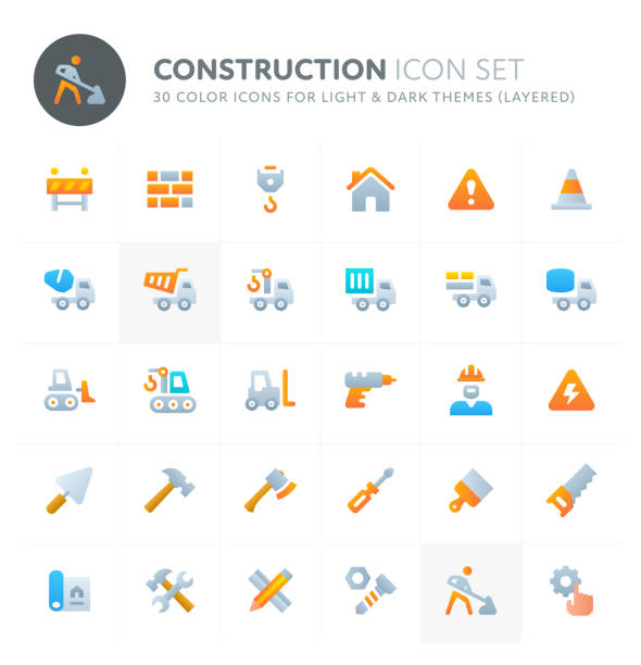 구성 벡터 아이콘 세트입니다. 필리오 컬러 아이콘 시리즈. - nut blueprint work tool construction stock illustrations