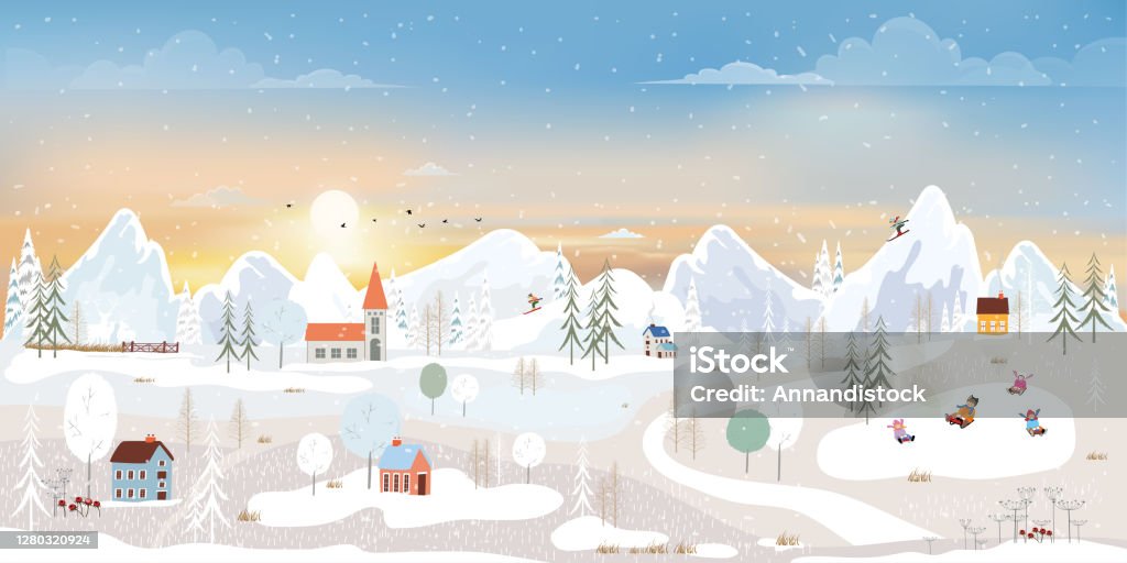 Winter Landscapevector Winter Wonderland Banner At Village With Happy Kids  Sledding In The Park And Couple Skiing On The Mountain Merry Christmas Or  New Year Background Stock Illustration - Download Image Now 