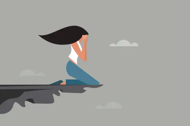 Vector illustration of A depressed girl weeping on the edge of a cliff