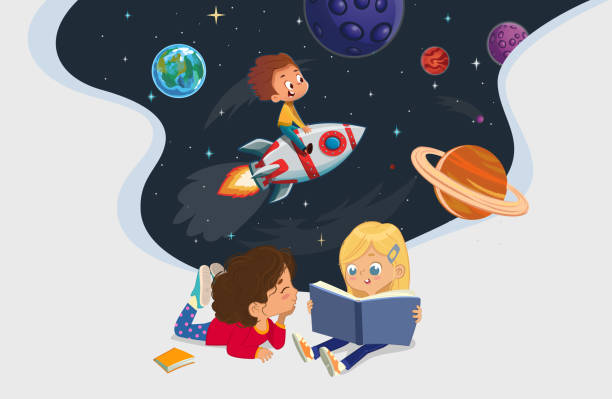 Illustration of two girls sitting on the floor and reading the book about astronaut adventure. Space, rockers stars, galaxy, and planets in the background. Reading and exploring concept Illustration of two girls sitting on the floor and reading the book about astronaut adventure. Space, rockers stars, galaxy, and planets in the background. Reading and exploring concept. kids reading clipart stock illustrations