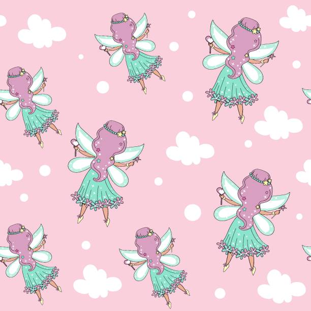 Cute Pink Fairy Princess Repeat Pattern On Floral Background Stock