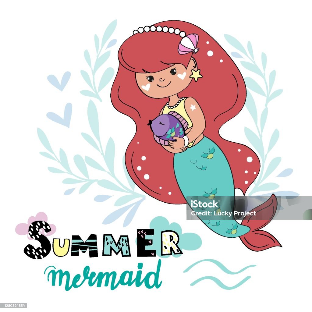 Hình Minh Họa Vector Với Một Nàng Tiên Cá Nhỏ Với Mái Tóc Đỏ Và ...