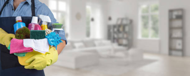 Maid standing inside home holding with household products - Web banner Maid standing inside home holding a bucket fulfilled with chemicals and facilities for tidying - Web banner maid stock pictures, royalty-free photos & images