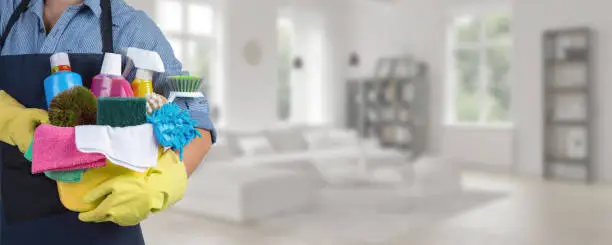 Maid standing inside home holding a bucket fulfilled with chemicals and facilities for tidying - Web banner