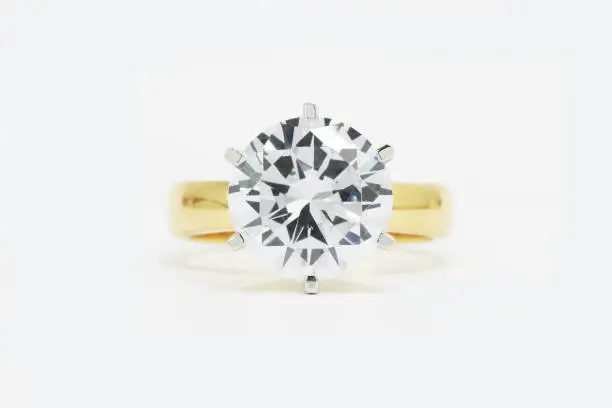 Big Round Solitaire Diamond Ring 6 Prong Setting in Yellow Gold