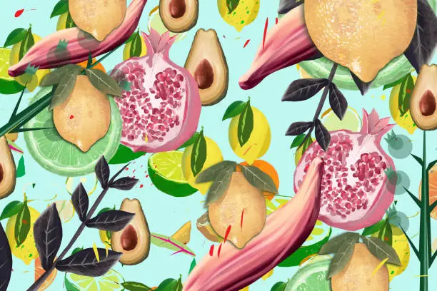 Vector illustration of Background of lemon, avocado, pomegranate and tropical leaves