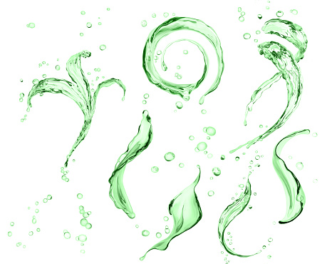 Liquid of splash green color, set of splash Aloe Vera 3d illustration, abstract swirl background, isolated 3d rendering