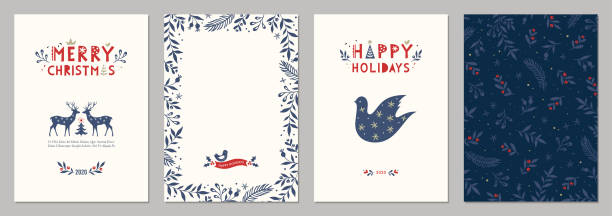 Winter Holidays Templates_01 Bold Merry Christmas greeting cards. Universal trendy Winter Holidays art templates. bird borders stock illustrations
