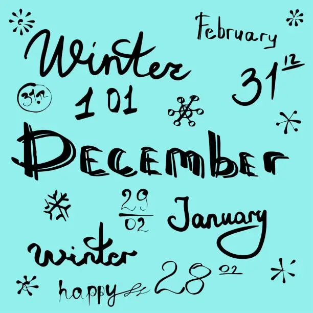 Vector illustration of set of inscriptions and numbers on the theme of winter. December January February.