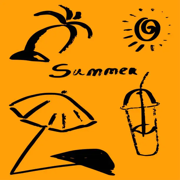 Vector illustration of Set of vector illustrations on the theme of summer. symbol. palm tree, cocktail, beach umbrella, sun.