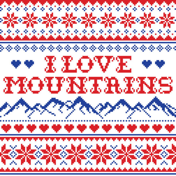 I love mountains vector seamless pattern, Fair Isle style traditional cross-stitch design - hike, ski and snowboard concept Winter retro textile folk art background inspired by traditional patterns, repetitive ornament in blue and red christmas pattern pixel stock illustrations