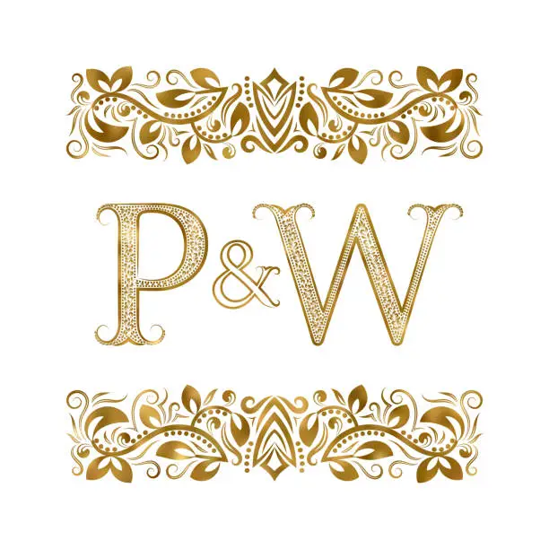 Vector illustration of P and W vintage initials symbol. The letters are surrounded by ornamental elements. Wedding or business partners monogram in royal style.