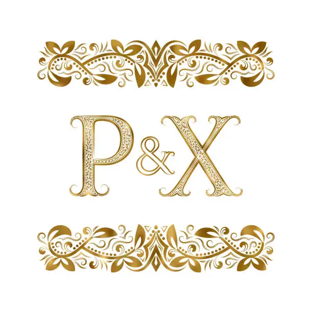 Vector illustration of P and X vintage initials symbol. The letters are surrounded by ornamental elements. Wedding or business partners monogram in royal style.