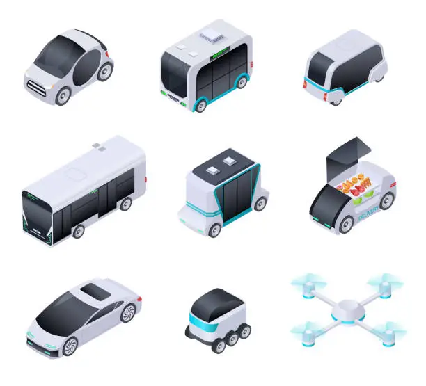 Vector illustration of Driverless cars. Future smart vehicles. Unmanned city transport, autonomous truck and drone. Isometric vector isolated icons