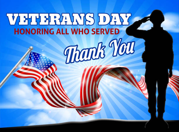 Saluting Soldier Veterans Day American Flag Saluting soldier with an American flag Veterans Day background design graphic veterans day logo stock illustrations