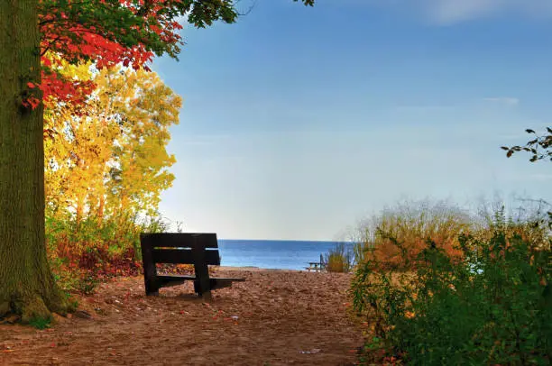 Photo of Beautiful beach view with bench-Erie Pennsylvania
